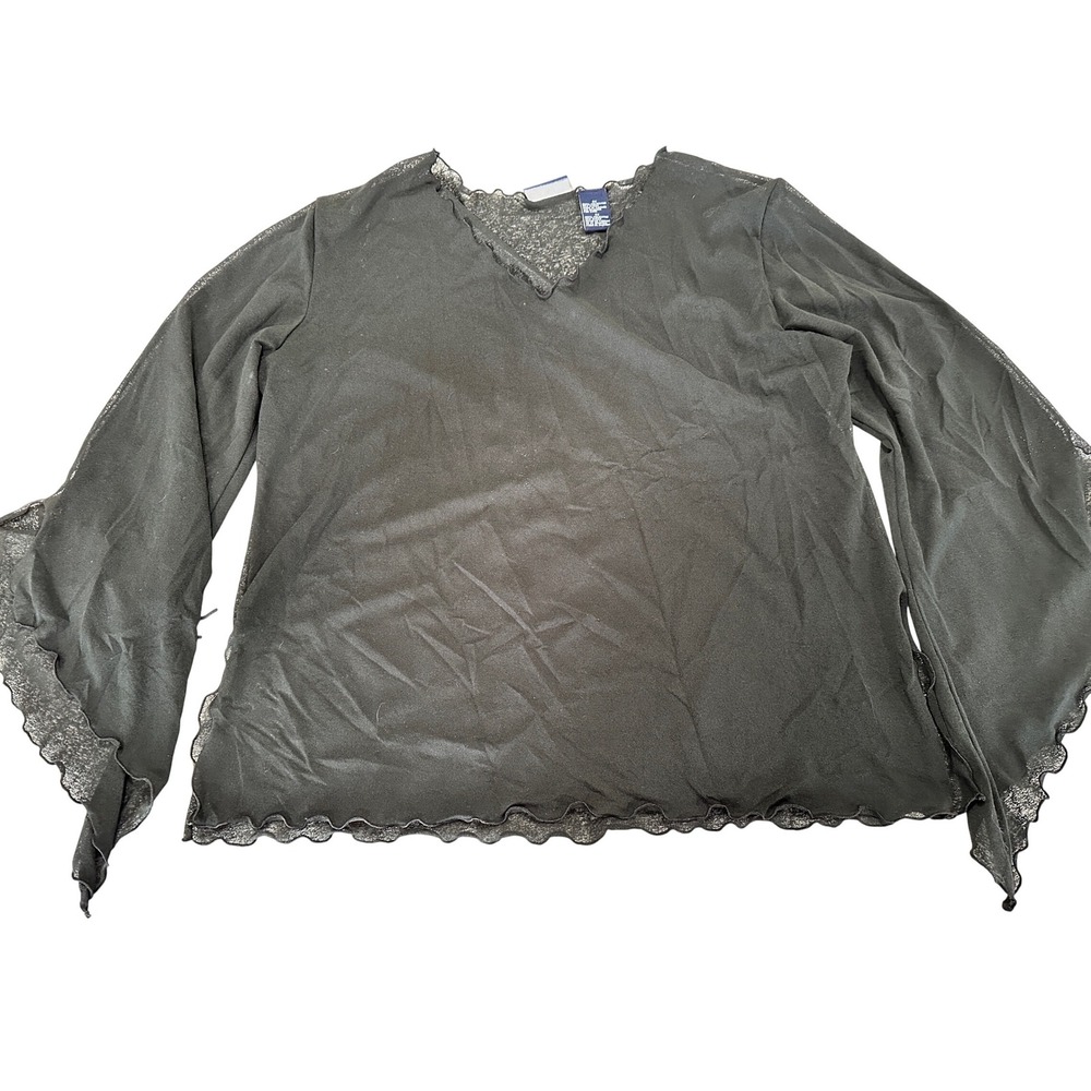 Whimsigoth 2X Black Sheer Mesh V-Neck Bell Sleeve Lettuce‎ Edge Top